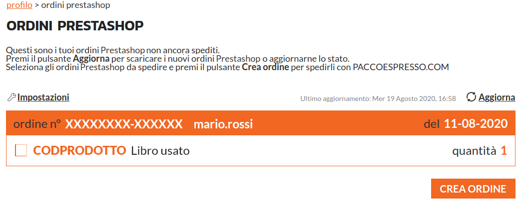 Lista ordini integrazione Prestashop